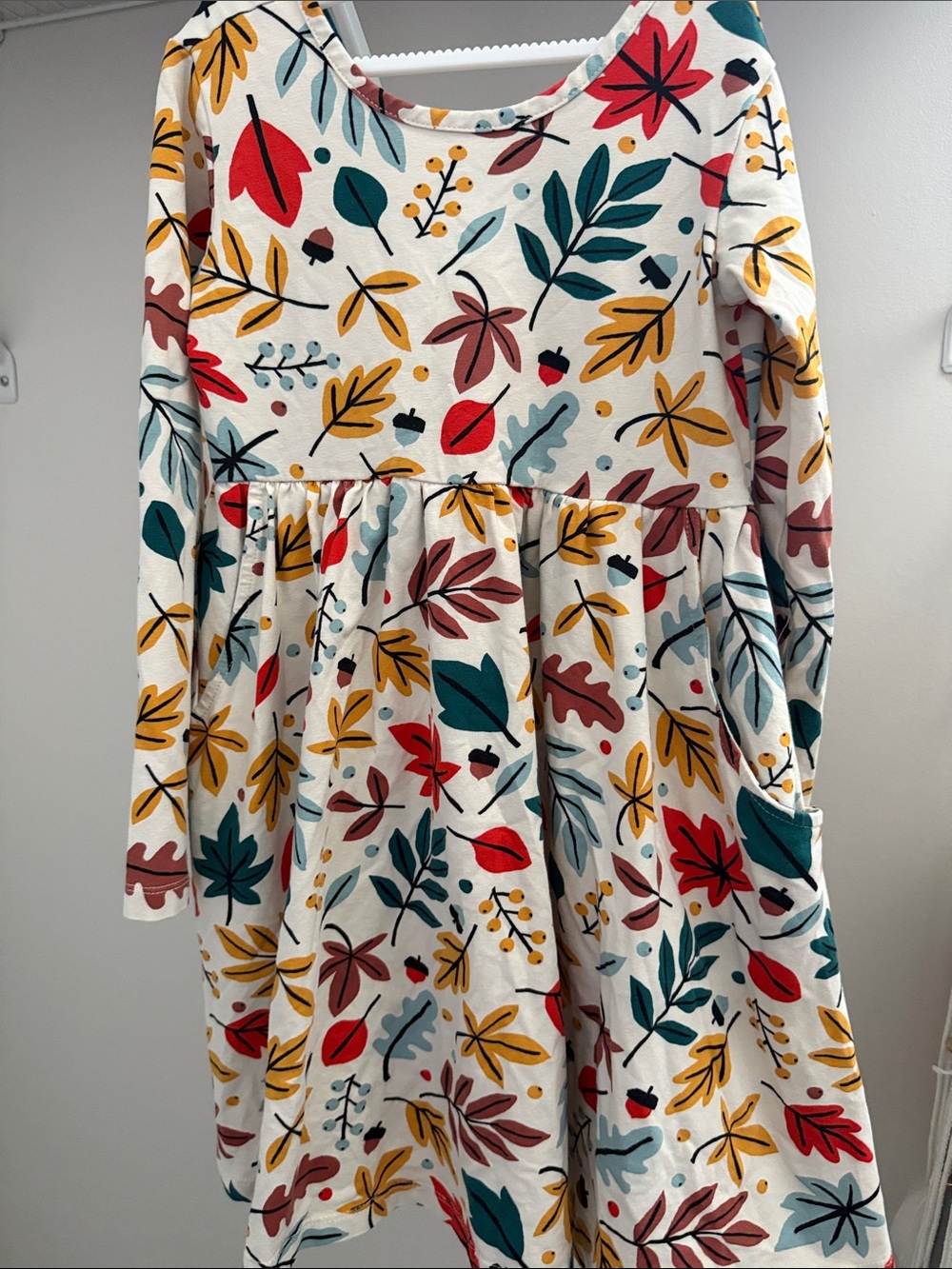 Girls' Cream Long-Sleeve Leaf Print Dress